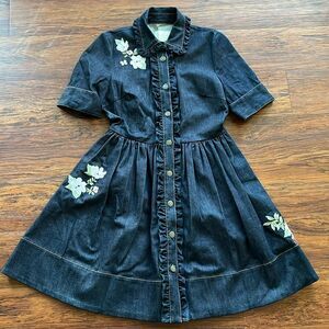 Kate Spade Denim  Midi Dress Size 2 Floral Embroidered Coquette Girl Edgy Summer